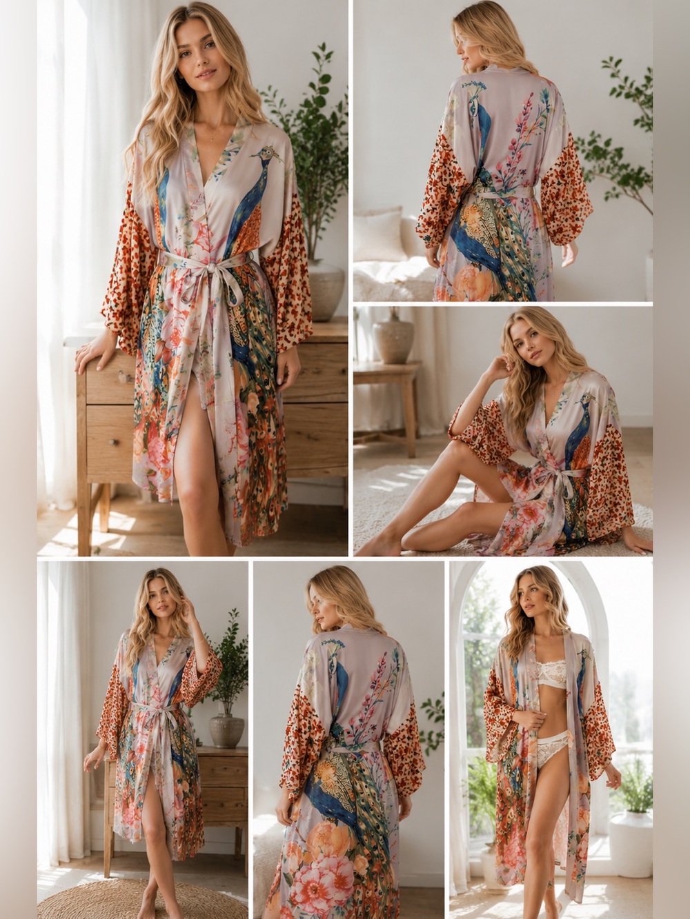 Floral Peacock Satin Kimono Robe - Women Intimates & Sleepwear